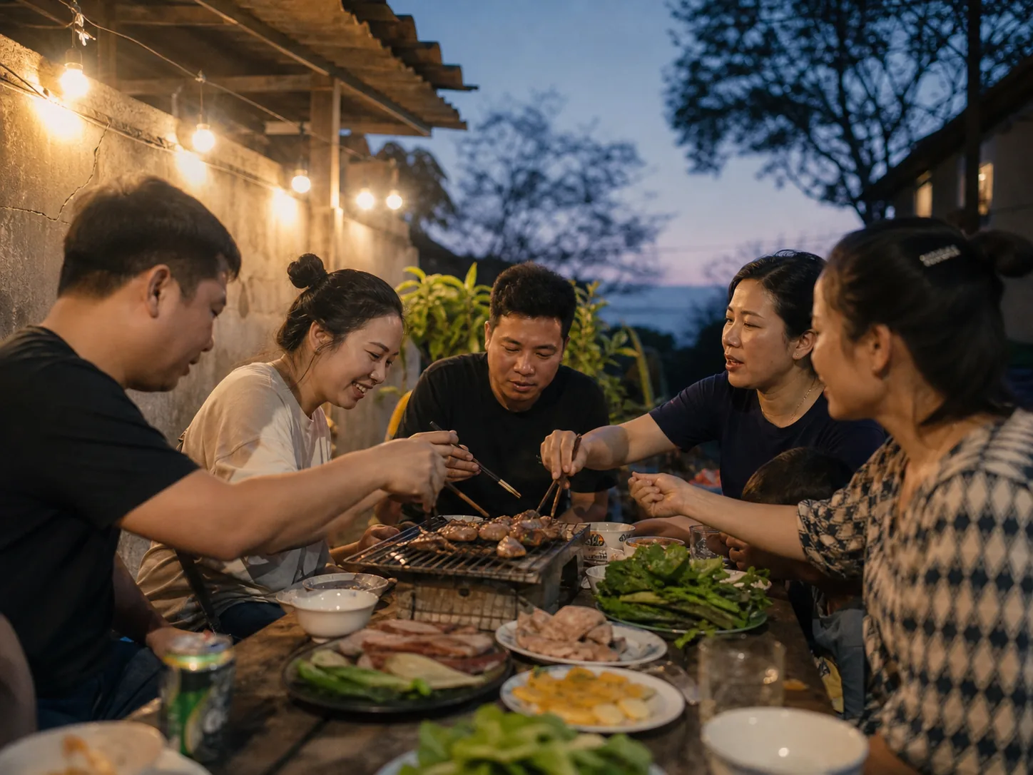 Một nhóm bạn quây quần bên bàn ăn ngoài trời